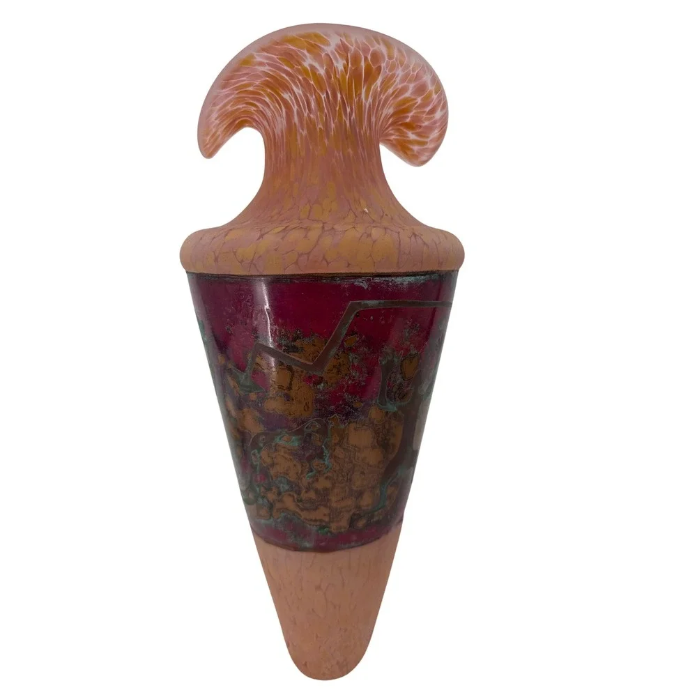 Art Glass Vase Pink Copper Petroglyph Southwest Jack in the Pulpit 15in signed